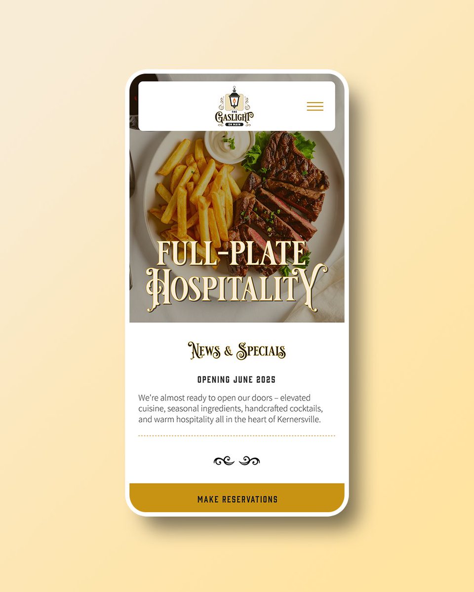 New Work: Logo, brand identity, and website design and development for The Gaslight on Main - a New American restaurant in Kernersville, North Carolina – dedicated to delivering exceptional hospitality and elevated food.