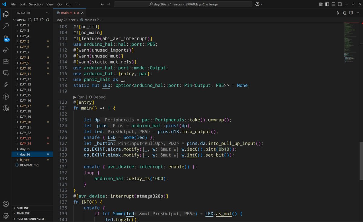 ultraman_62's tweet image. #LSPPDay26
Conquered AVR external interrupts in theory & practice!
– Deep-dived into external interrupts and Cortex-M NVIC
– Practiced interrupt-driven blinky & button demos in Rust
#60DaysOfLearning2025 #RustEmbedded #LearningWithLeapfrog @lftechnology