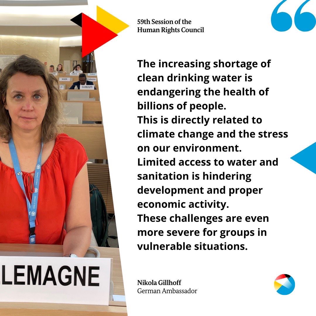 The world is drying up.💧🌍

At #HRC59’s session on the Human Rights to Safe Drinking Water &amp; Sanitation, Ambassador Nikola Gillhoff urged for national efforts &amp; international cooperation, highlighting the key role of the 2026 UN Water Conference.🚰