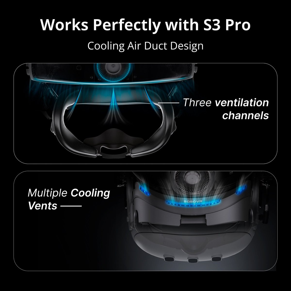 bobovr_official's tweet image. The S3 Pro has been beloved by the VR community, especially for its cooling system that reduces heat buildup during active gameplay. Now, we introduce the F3 facial interface designed for Quest 3. To better channel the S3 Pro’s airflow to your face, the F3 features ventilation…