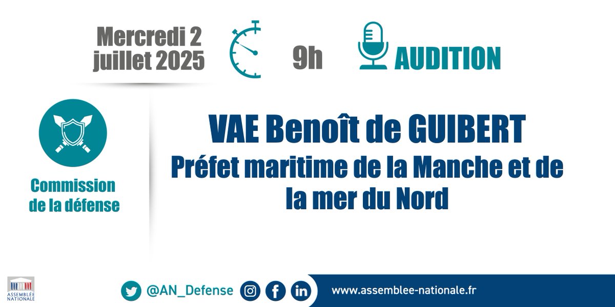 AN_Defense's tweet image. 🎙️ Demain, à partir de 9h, la @AN_Defense auditionne le VAE Benoît de Guibert, préfet maritime de la Manche et de la mer du Nord, sur les espaces maritimes et les enjeux de #défense.
🎥 À suivre en #DirectAN 👉 assnat.fr/APN8Dy.