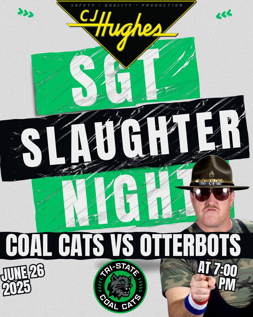 Tonight is the night! Wrestling night with Sgt Slaughter!!!

Come out to the park and get your picture taken and get an autograph with Sgt!

Get your tickets here - coalcats.ticketspice.com/tri-state-coal…