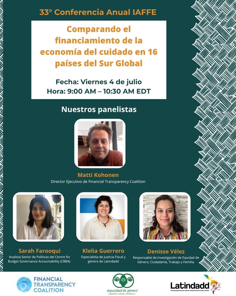 🟣¿Quién financia los #cuidados en el Sur Global? Un nuevo estudio compara 16 países y muestra que existen cada vez más políticas de cuidado, pero sin avances en impuestos progresivos para sostenerlas.

Klelia Guerrero, especialista de #JusticiaFiscal de Latindadd, participará en