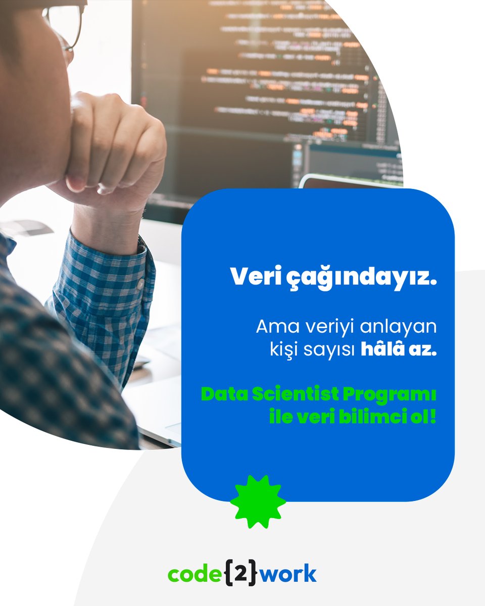 code2work's tweet image. Veriyi okuyan, analiz eden ve anlamlandıran veri bilimciler her yerde aranıyor.

Code2Work’ün 6 aylık Data Scientist programıyla, bu alana sağlam bir giriş yapabilirsin.

AI odaklı eğitim ve güçlü mentörlük sistemi ile işe girene kadar yanındayız.

Başvuruları kaçırma!