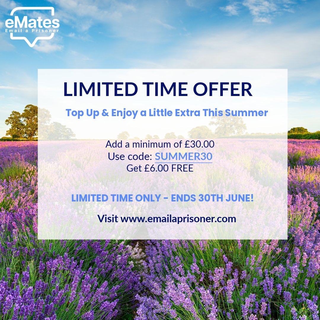 PrisonTechnolog's tweet photo. โ๏ธ LIMITED TIME OFFER! โ๏ธ
Top up now and get a little something extra โ just in time for the weekend.
Add ยฃ30 or more
Use code SUMMER30
Get ยฃ6 FREE credit
But donโt wait โ offer ends 30th June!
๐ https://t.co/ncUWwa1yhm
#eMates #EmailAPrisoner #StayConnected #SupportInside https://t.co/80px8yhxC1