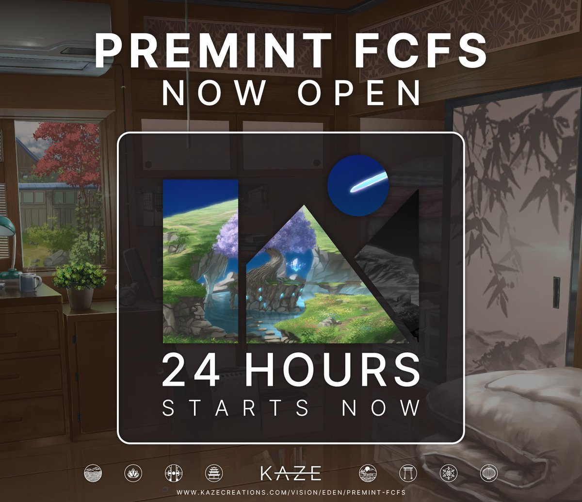 KazeCreations's tweet image. Premint FCFS is now live! 
👉 kazecreations.com/vision/eden/pr…

• Top 20 = Priority 1/1 Selection
• Top 50 = 1/1 Airdrop Eligibility 
• Beyond banners each KAZE grants access to digital identity tools and a highly curated community

Rarity Reveal is instant after mint

Note: All FCFS…