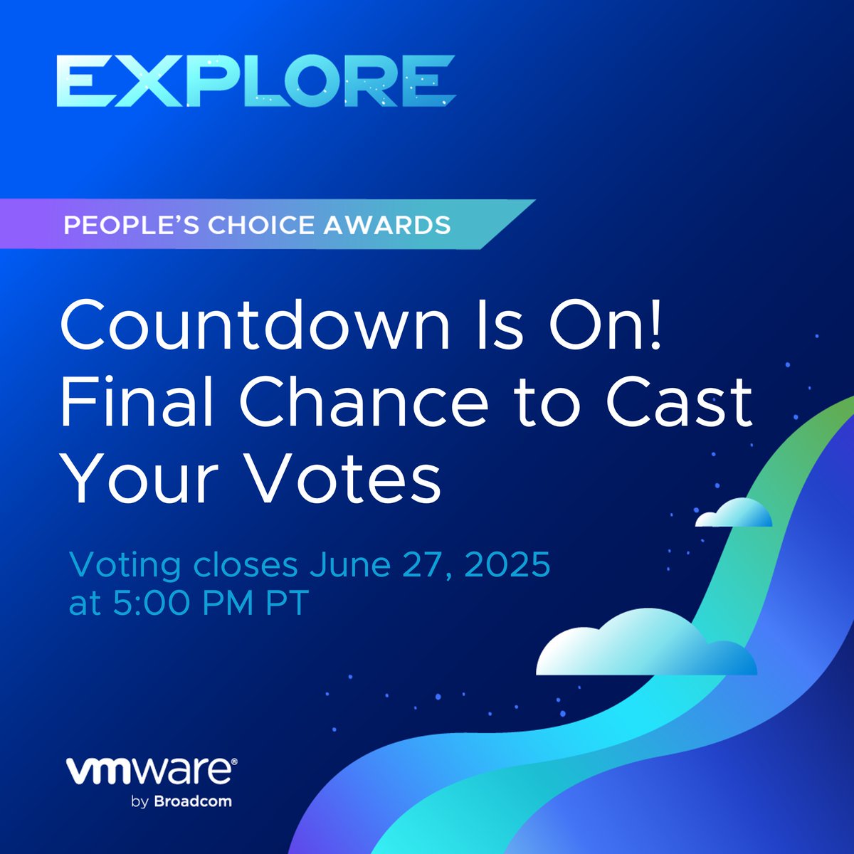 The People’s Choice Awards are your chance to bring amazing sessions into the final #VMwareExplore lineup!

🔥 Vote for the sessions you want to see live in Vegas
🗳️ Deadline: TODAY at 5pm PT
🔗 brcm.tech/45X7VGU

#ValueOps #Broadcom
