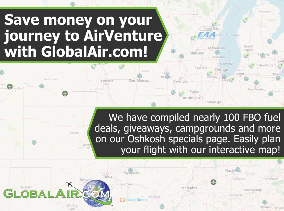 GlobalAir's tweet image. AirVenture is less than a month away! Are you flying to Oshkosh? Plan your journey with GlobalAir.com and save money. Find fuel specials here: globalair.com/airport/specia… 

#Oshkosh #Airventure #fuelspecials #FBO