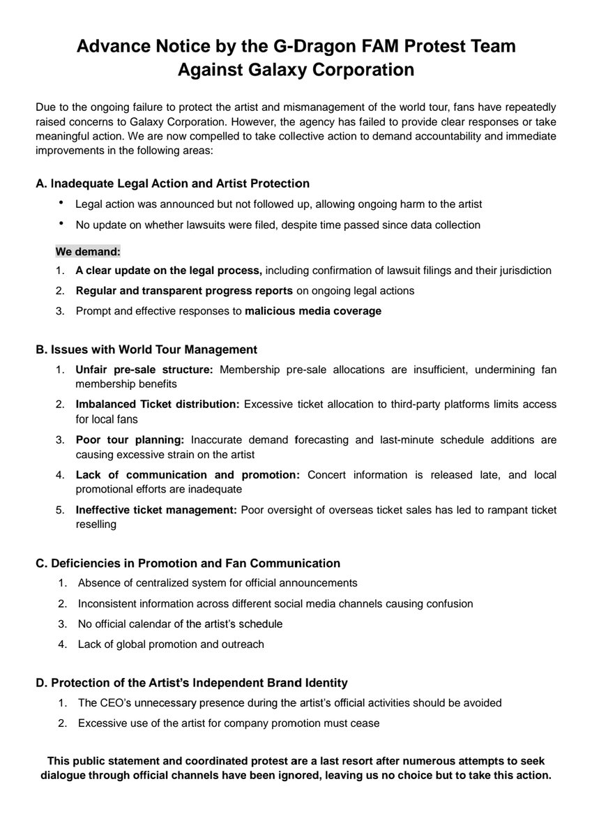 "Advance Notice by #GDragon FAM Protest Team Against Galaxy Corporation" <a href="/FANPLUS1DOTCOM/">FAM</a>
What we want is the protection of artist and rational operation. Please refer to the image below for detailed our demands
#갤럭시코퍼레이션_지드래곤_보호해
#지드래곤트럭총공
#fam_protest_team
