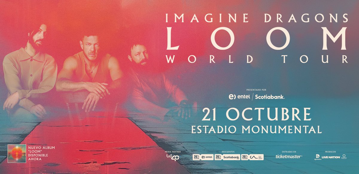 ¿Te imaginas lo que está a punto de ocurrir? 🐉 ¡<a href="/imaginedragons/">Imagine Dragons</a> regresa a Chile con el Loom World Tour este 21 de octubre en Estadio Monumental! 💥 

➡️ Preventa clientes <a href="/entel/">Entel Chile</a> o pagando con tarjetas <a href="/Scotiachile/">ScotiaChile</a>, lunes 30 de junio a las 11 AM.
➡️ Preventa afiliad@s