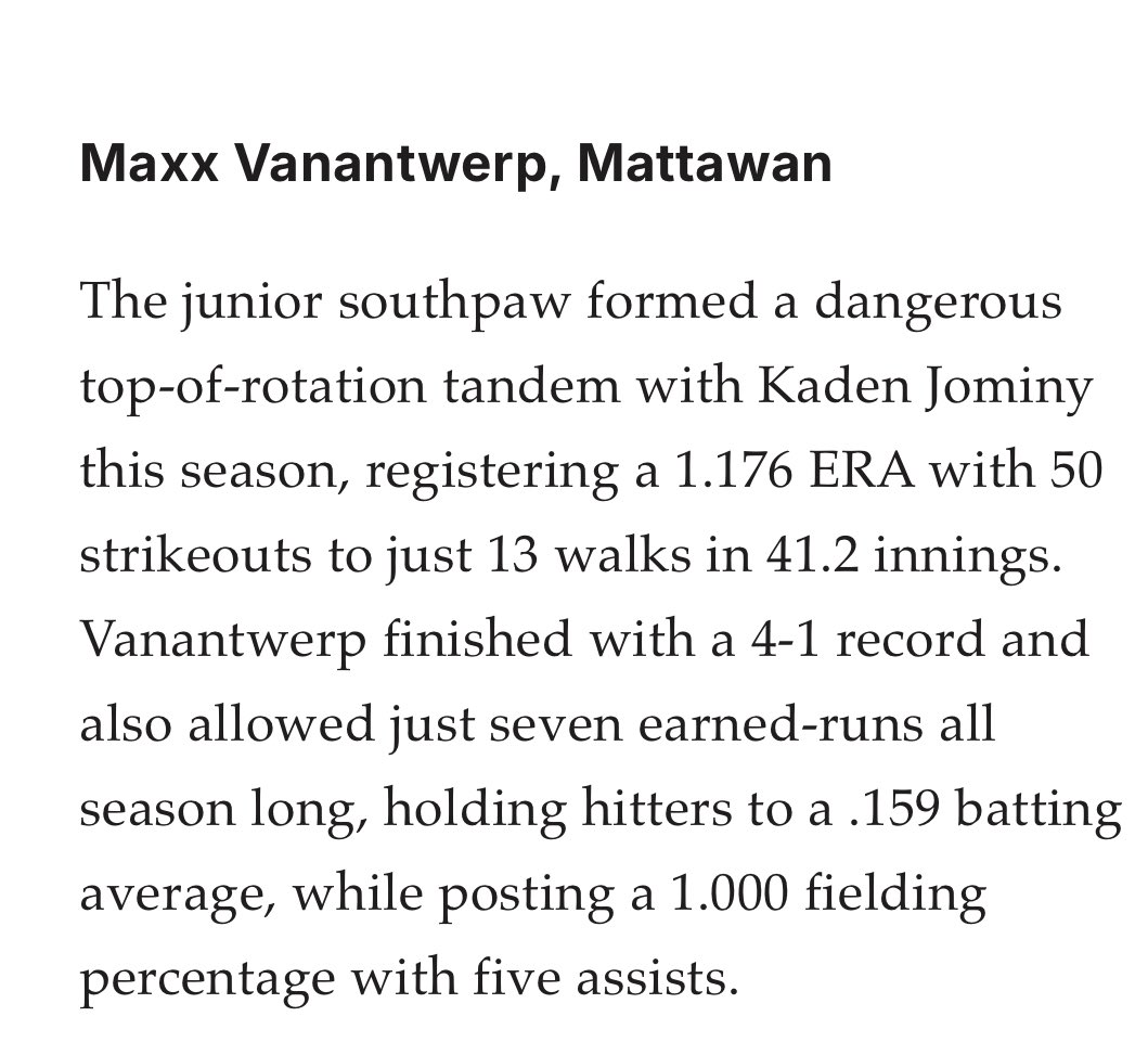 Thank you <a href="/MLive/">MLive</a> for naming me all area 2nd team! I appreciate the recognition.

<a href="/MattawanHSBB/">Mattawan HS Baseball</a> <a href="/FlatgroundApp/">FLATGROUND Pitching</a>