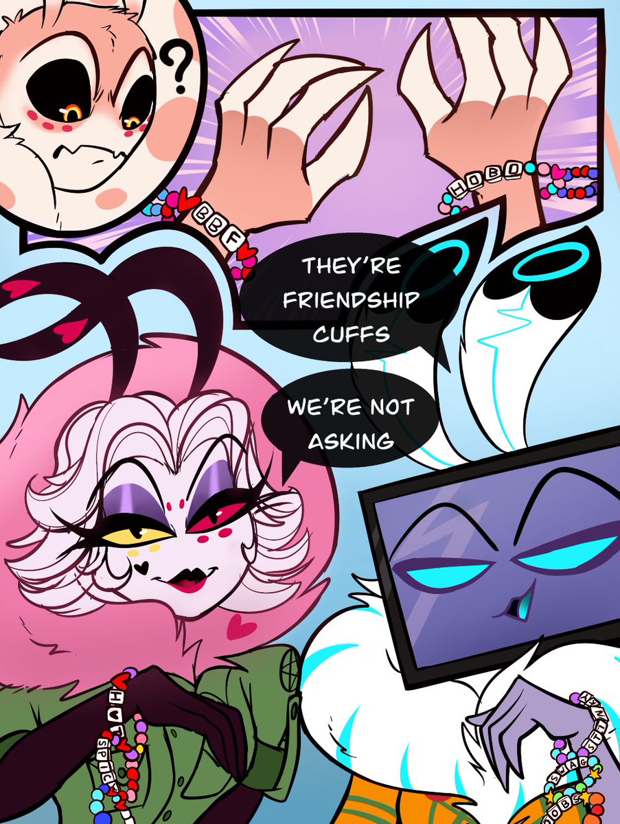HoboBoneZone's tweet photo. #camppentagram
Day 3: Friendship bracelets
(super late but I didnโt want to abandon this)
Sal got 4 more arms just saying
Adore belongs to @porgatino
Sal belongs to @MarineHusbands
#hvfankidweek #hazbinhotelfankid https://t.co/oUv4V7zChZ