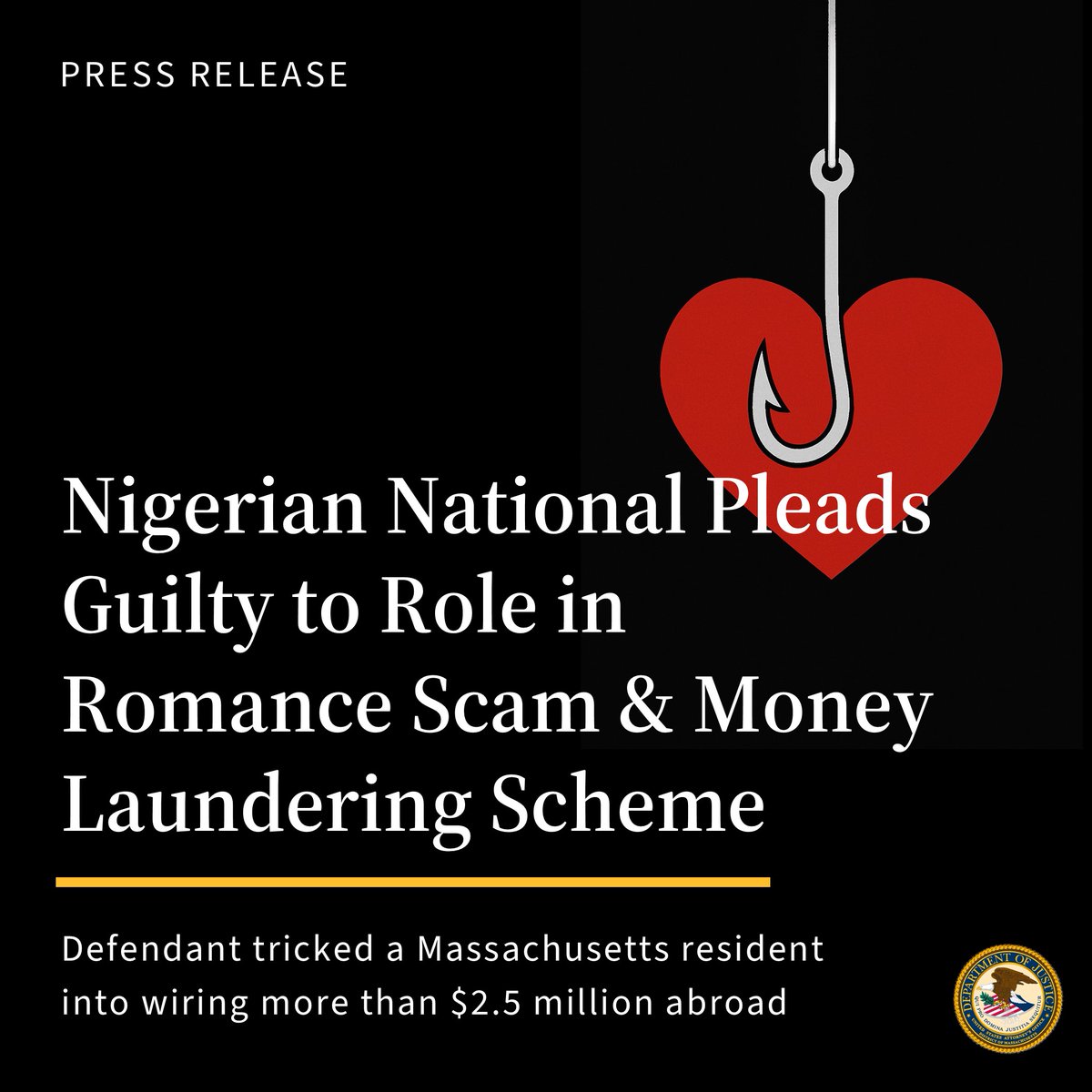 DMAnews1's tweet image. Nigerian national pleads guilty to his involvement in the theft of more than $2.5 million from six romance scam victims by transferring their money to cryptocurrency accounts that he controlled.
READ: justice.gov/usao-ma/pr/nig…