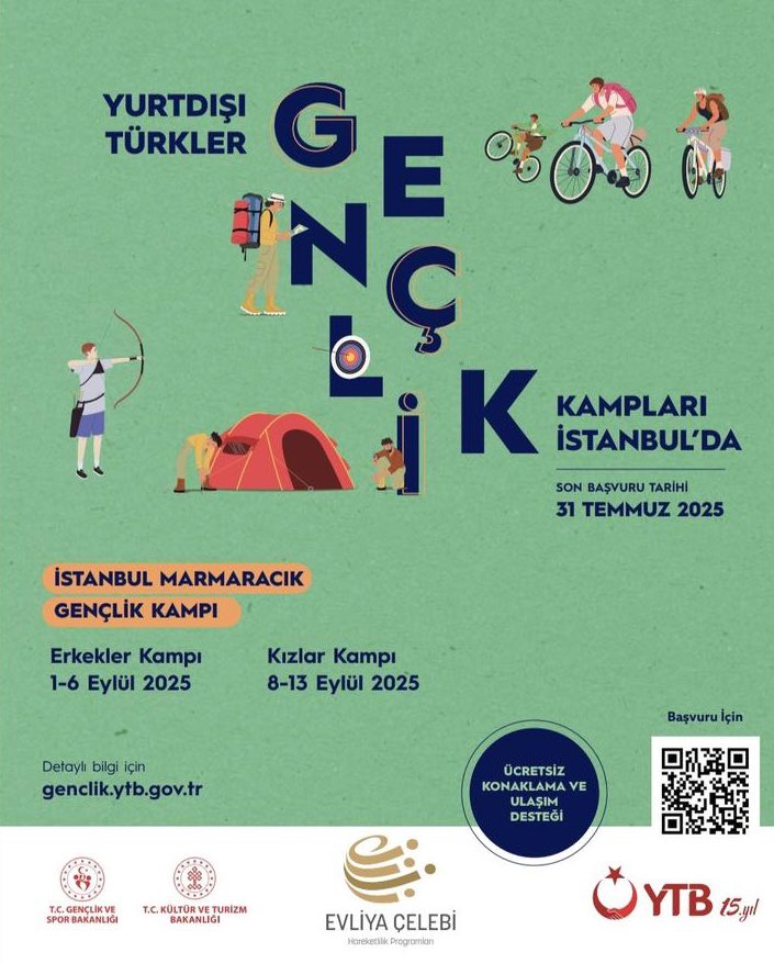 YTB tarafından yurtdışında yaşayan gençlerimize yönelik olarak 1-6 Eylül (Erkekler) ve 8-13 Eylül (Kızlar) 2025 tarihlerinde düzenlenecek  "Gençlik Kampları" için son başvuru tarihi 31 Temmuz 2025 olarak belirlenmiştir

Başvuru için: genclik.ytb.gov.tr