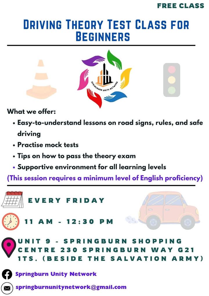 New to learning to drive? Working on your theory test? Springburn Unity Network (S.U.N.) is offering classes to help get you prepared.

Find out more 👇