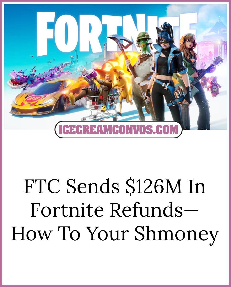 🚨 Gamers &amp; Parents: The FTC is sending out $126 MILLION in Fortnite refunds for unwanted purchases! Get the scoop on how to get your money! 💰🎮️🖤🍦 wp.me/pfXyHC-1hVz

#Fortnite #FTC #GamingNews #RefundAlert #EpicGames #Vbucks #IceCreamConvos