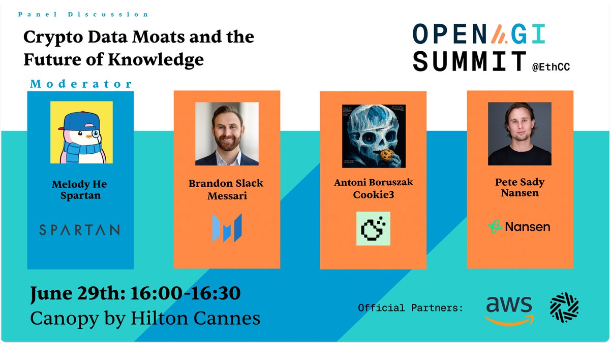 Open AGI Summit (@openagisummit) on Twitter photo Another fantastic headline panel at the Open AGI Summit: Crypto Data Moats and the Future of Knowledge.
Moderated by <a href="/melmelmelting/">Melody He</a> of <a href="/TheSpartanGroup/">The Spartan Group</a>, featuring:
<a href="/br_slack/">B Slack</a> (<a href="/MessariCrypto/">Messari</a>)
<a href="/antoni_web3/">antoni.eth</a> (<a href="/Cookie3_com/">Cookie3 🍪</a>)
Peter S (<a href="/nansen_ai/">Nansen 🧭</a>)
This Sunday at <a href="/EthCC/">EthCC - Ethereum Community Conference</a> in Cannes. Grab Another fantastic headline panel at the Open AGI Summit: Crypto Data Moats and the Future of Knowledge.
Moderated by <a href="/melmelmelting/">Melody He</a> of <a href="/TheSpartanGroup/">The Spartan Group</a>, featuring:
<a href="/br_slack/">B Slack</a> (<a href="/MessariCrypto/">Messari</a>)
<a href="/antoni_web3/">antoni.eth</a> (<a href="/Cookie3_com/">Cookie3 🍪</a>)
Peter S (<a href="/nansen_ai/">Nansen 🧭</a>)
This Sunday at <a href="/EthCC/">EthCC - Ethereum Community Conference</a> in Cannes. Grab