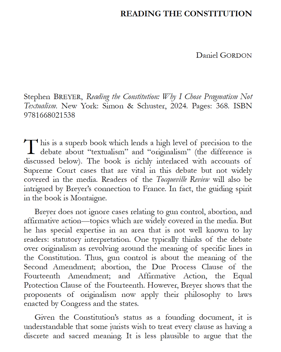 Tocqueville 21 (@tocqueville21) on Twitter photo "I found 'Reading the Constitution' to be profound. Especially for readers whose interests straddle European and American politics and ideas, this is an outstanding book."
A review of Stephen Breyer's book (<a href="/simonschuster/">Simon & Schuster</a>) by Daniel Gordon 📚
muse.jhu.edu/pub/50/article… "I found 'Reading the Constitution' to be profound. Especially for readers whose interests straddle European and American politics and ideas, this is an outstanding book."
A review of Stephen Breyer's book (<a href="/simonschuster/">Simon & Schuster</a>) by Daniel Gordon 📚
muse.jhu.edu/pub/50/article…