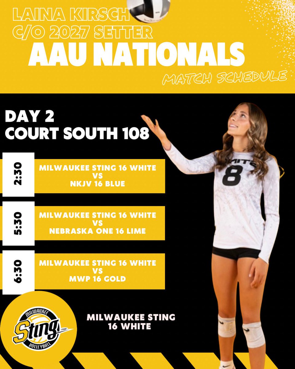 Laina (@lainakirsch2027) on Twitter photo Day 2 schedule of AAU nationals! Hope to see you there! #classof2027 #setter #volleyball #aau #aaunationals <a href="/stingvb1988/">Milwaukee Sting π</a> <a href="/RecruitMKESting/">Milwaukee Sting Volleyball Recruiting</a> Day 2 schedule of AAU nationals! Hope to see you there! #classof2027 #setter #volleyball #aau #aaunationals <a href="/stingvb1988/">Milwaukee Sting π</a> <a href="/RecruitMKESting/">Milwaukee Sting Volleyball Recruiting</a>