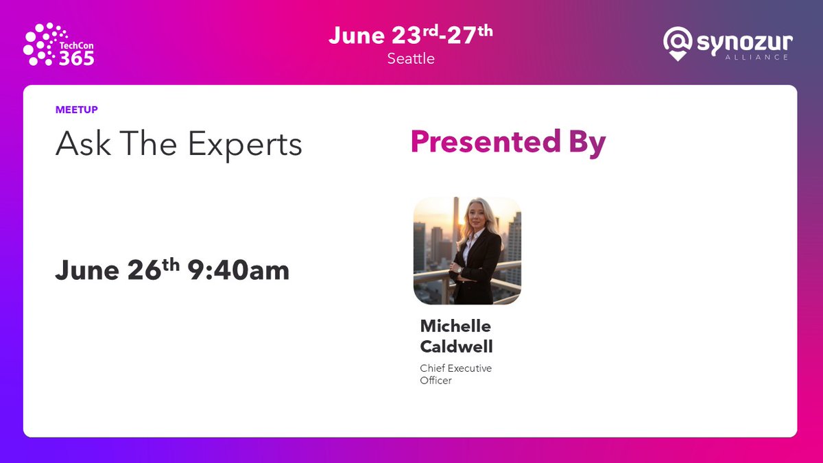 In one hour! 🌟 Start your day with brilliance! Michelle Caldwell leads "Ask the Experts" on June 26 at 9:40AM. Get inspired, stay ahead! #TechCon365 #Synozur aka.synozur.com/tc365sea
