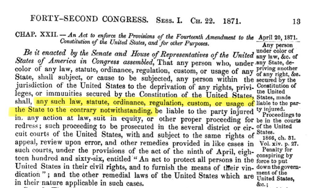 In Medina, Justice Thomas concurs to express his skepticism about the Section 1983 cause of action. 

This is frustrating for several reasons—not least of which because he purports to revisit the original meaning of 1983 while using an ellipsis to omit the Notwithstanding Clause.