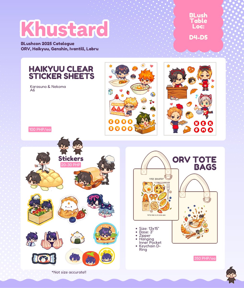 💌 RTs 

here's my merch catalog for #BLushcon2025!! :D

🌸 ORV, Haikyuu, Dunmeshi, Genshin, Alien Stage 

🛒Table D4-D5
📍 Elements, Eton Centris
#BLushPetit
