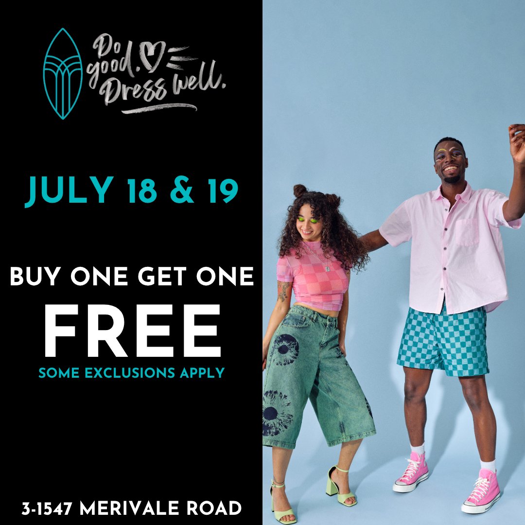 July 18 and 19 is Buy One Get One Free at Thrive Select Thrift! 🎉 Some exclusions apply. 

For more information, contact us at 613-621-4776!