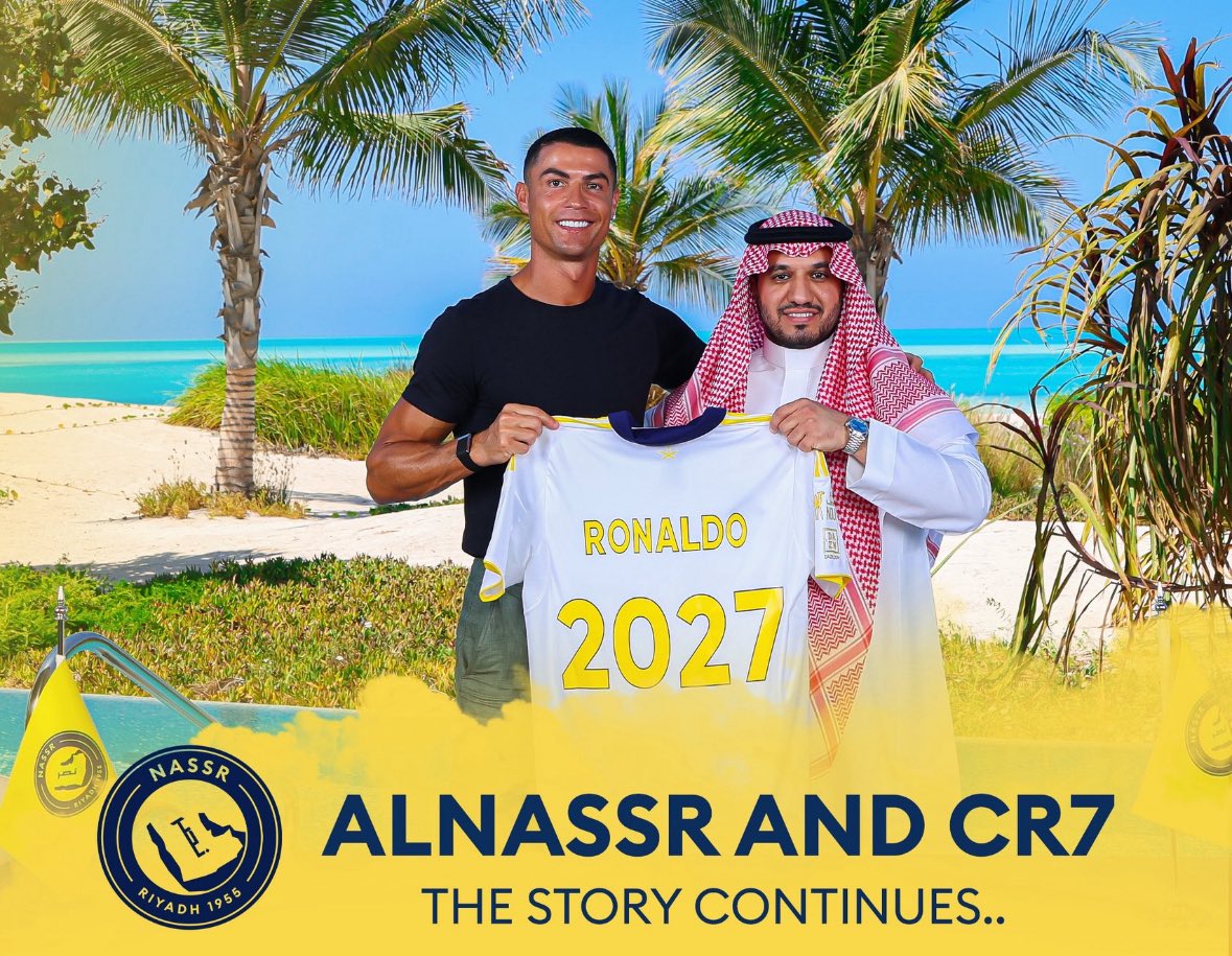 🇸🇦 El nuevo contrato de Cristiano Ronaldo en Al Nassr:

• 400M € al año
• 33,34M € al mes
• 7,6M € a la semana
• 1,1M € al día
• 46.300 € a la hora
• 772 € al minuto
• 13 € al segundo