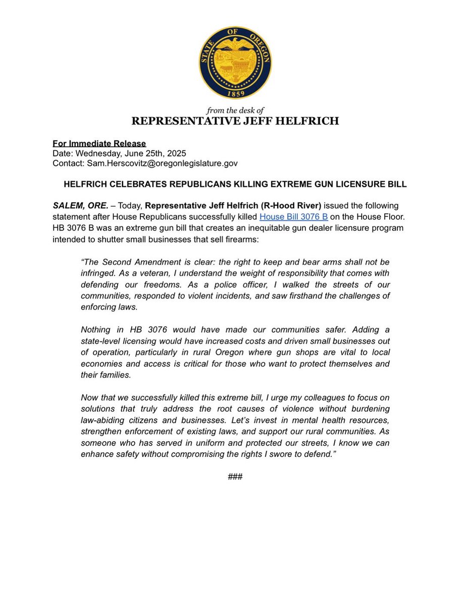 JeffHelfrichOR's tweet image. We just stopped an extreme gun bill that would have punished small businesses and done nothing to make our communities safer. As a veteran and former police officer, I know what real public safety looks like—and it starts with protecting your rights, not stripping them away.…