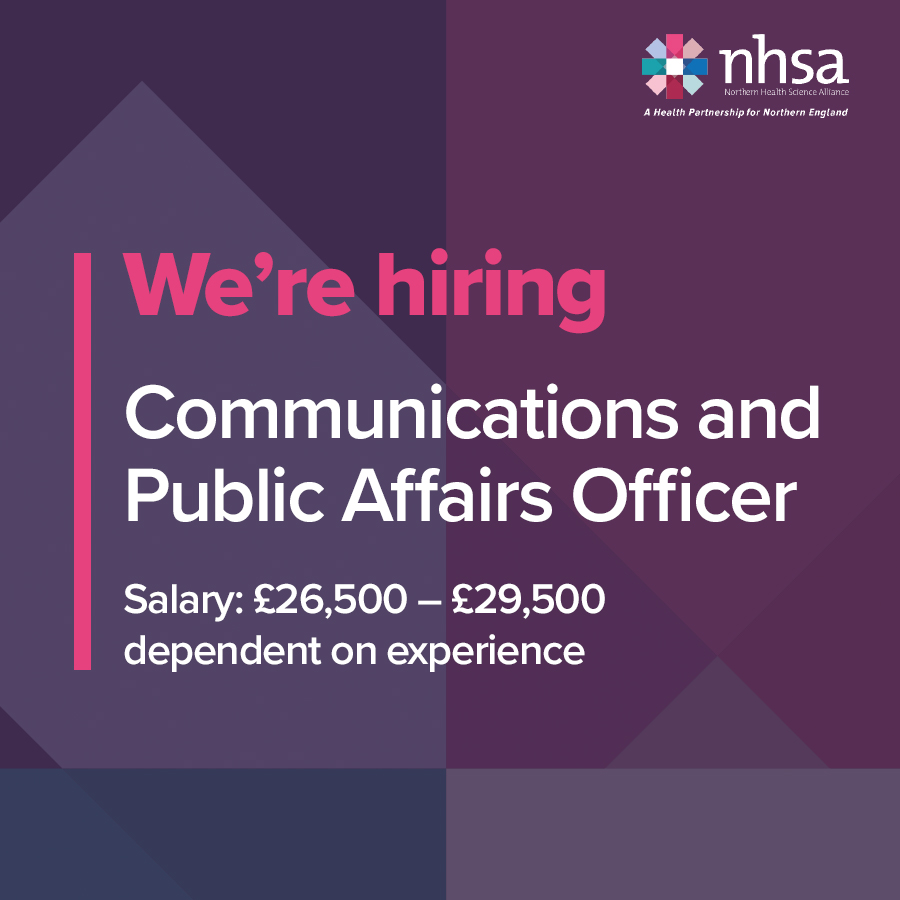 NHSA (@the_nhsa) on Twitter photo We are hiring!
We are seeking a proactive and highly organised Communications and Public Affairs Officer to join our collaborative team supporting both the Northern Health Science Alliance and <a href="/_HENorth/">Health Equity North</a>
Find out more 👉
thenhsa.co.uk/contact/vacanc… We are hiring!
We are seeking a proactive and highly organised Communications and Public Affairs Officer to join our collaborative team supporting both the Northern Health Science Alliance and <a href="/_HENorth/">Health Equity North</a>
Find out more 👉
thenhsa.co.uk/contact/vacanc…