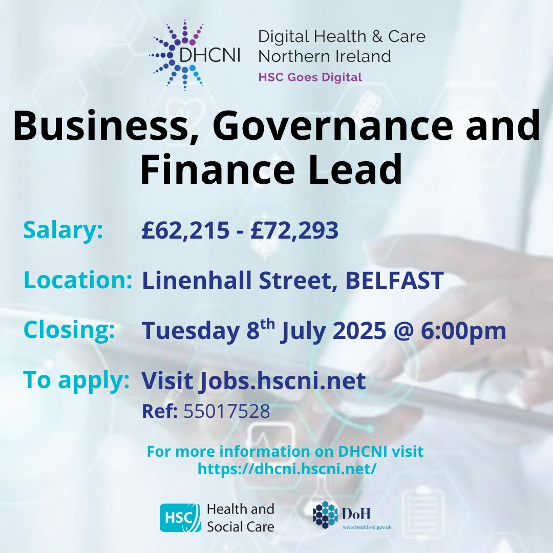 DHCNI is recruiting for a Business, Governance and Finance lead to provide financial and business support services to DHCNI and wider digital portfolio stakeholders.

More info and apply here:
jobs.hscni.net/Job/41883/sppg…
#HSCGoesDigital