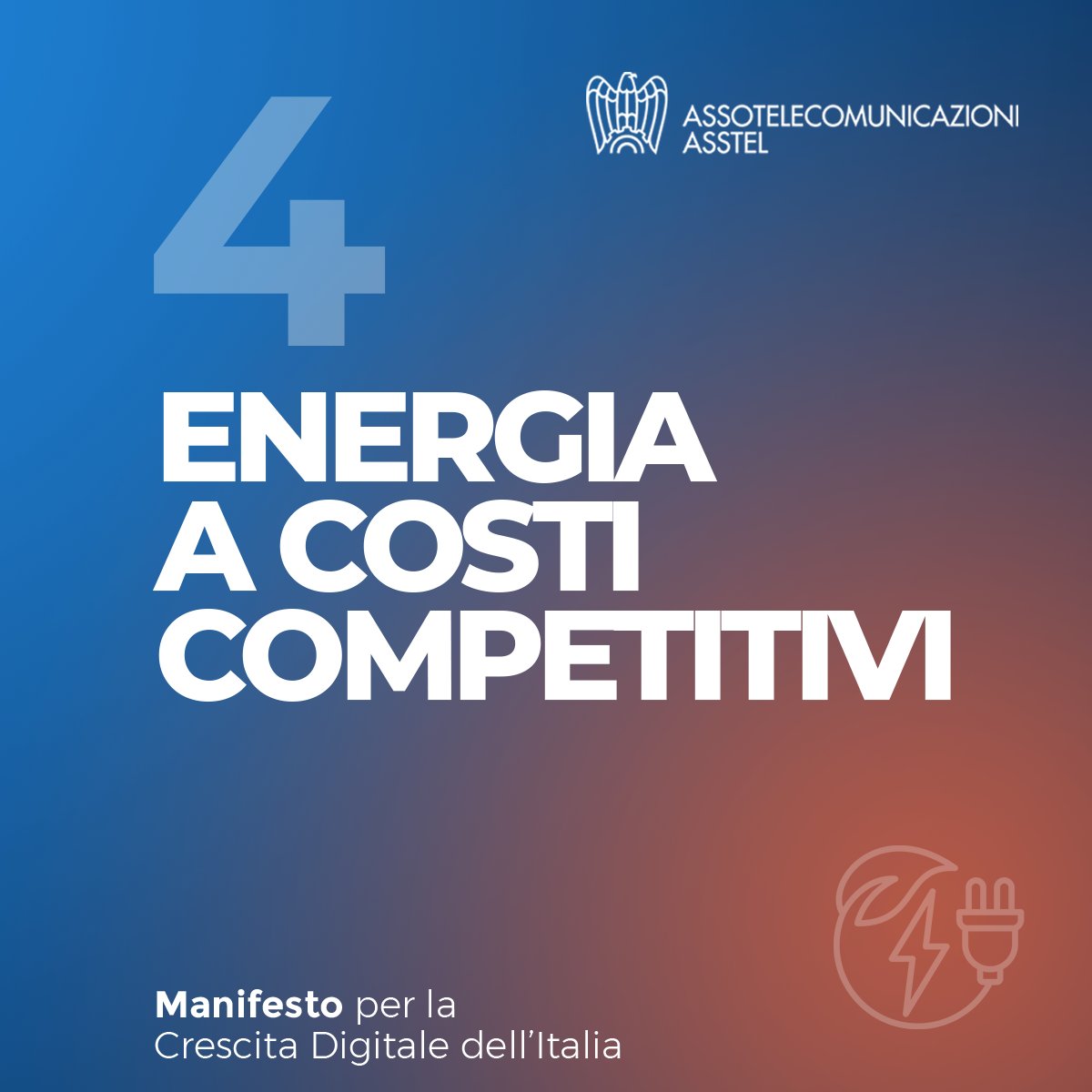 Assotelecomunicazioni (@asstel_it) on Twitter photo ⚡ La transizione digitale passa anche da politiche energetiche eque. 
4⃣ Il 4º punto del nostro #ManifestoDigitale: ENERGIA A COSTI COMPETITIVI. 
La filiera #TLC è strategica e va sostenuta con regole e incentivi mirati. 
👉 Scopri il Manifesto: asstel.it/manifesto/ ⚡ La transizione digitale passa anche da politiche energetiche eque. 
4⃣ Il 4º punto del nostro #ManifestoDigitale: ENERGIA A COSTI COMPETITIVI. 
La filiera #TLC è strategica e va sostenuta con regole e incentivi mirati. 
👉 Scopri il Manifesto: asstel.it/manifesto/