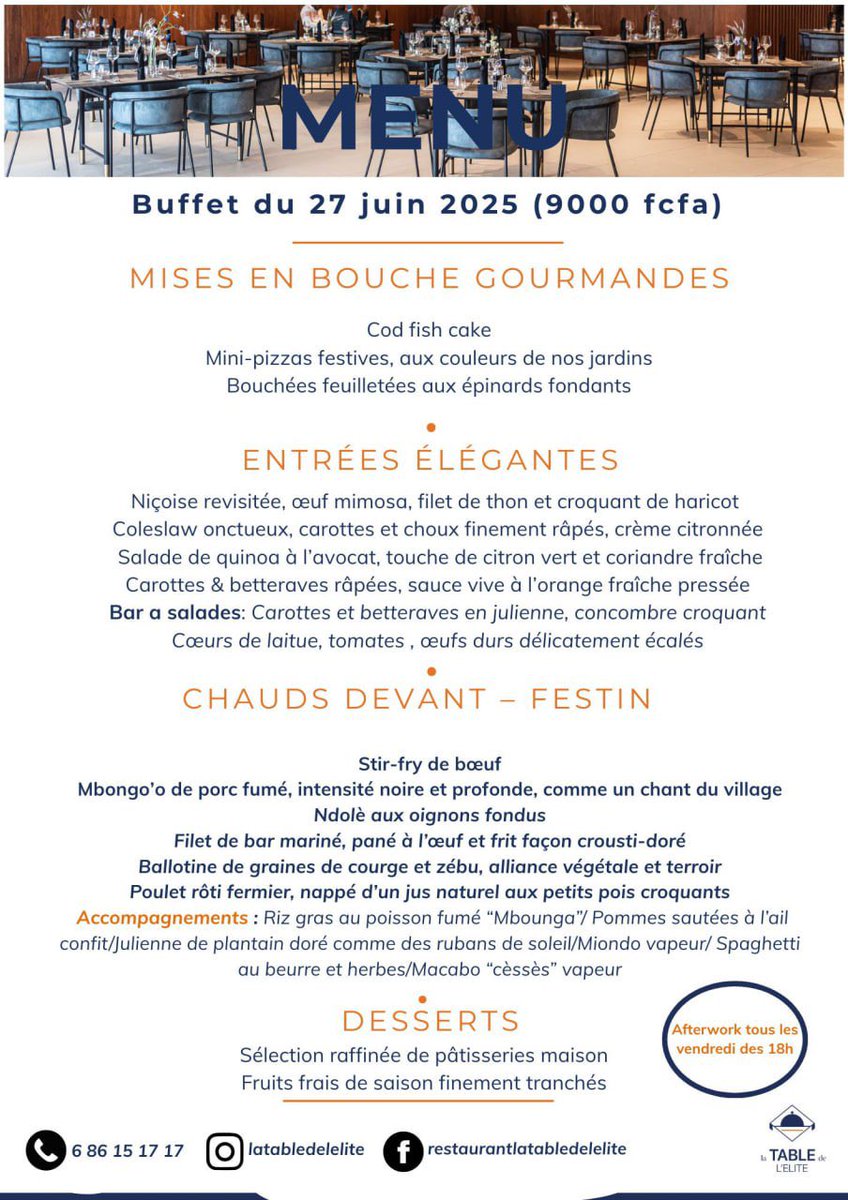 latabledelelite's tweet photo. Si vous avez manqué notre délicieux buffet du jour, pas de panique 🍽️
On remet ça demain avec un tout nouveau menu 🤩
#LaTableDeLElite #BuffetGourmand #Douala https://t.co/FcQrcmIjyU