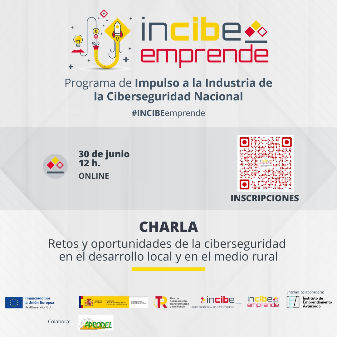 🚨 ¡Atención profesionales del desarrollo local!
🗓️ El 30 de junio a las 12h 👉 Charla online gratuita 💻 Ciberseguridad, emprendimiento y medio rural 🤝 Organiza <a href="/INCIBE/">INCIBE</a> @IEAvanzado con @APRODEL
🆓 Inscríbete ya 👉 QR #INCIBEemprende #EmprenderEnDigital #CiberseguridadRural