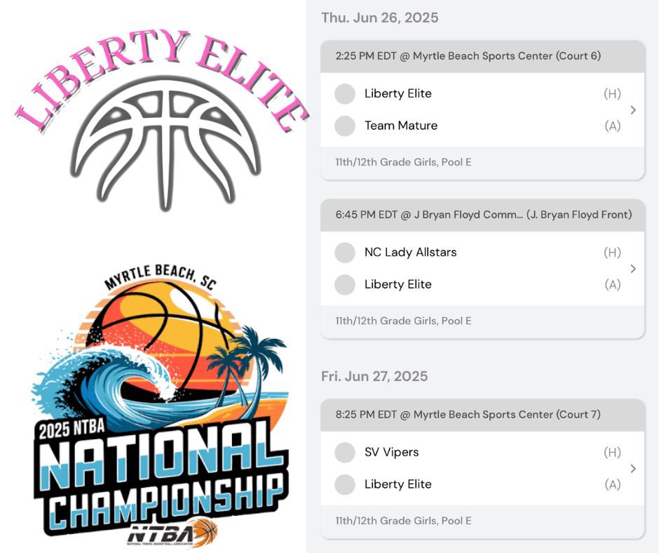 Liberty Elite 17U (@libertyelite17u) on Twitter photo <a href="/LibertyElite17U/">Liberty Elite 17U</a> is at the Beach! We are ready to hit the courts today at 2:25p here at the 2025 NTBA National Championship at Myrtle Beach. <a href="/playNTBA/">NTBA</a>
Let’s Gooo!
<a href="/Kayla_Rivard/">Kayla Rivard ‘26</a>
<a href="/LexieHoops2026/">Lexie Hart</a>
<a href="/bailey_rider15/">bailey</a>
<a href="/aniyah_fox/">Aniyah Fox</a>
<a href="/JaidenDann/">Jaiden Dann</a>
<a href="/33aubreycollins/">Aubrey Collins</a>
<a href="/JHostetter10/">Jayden Hostetter</a> <a href="/LibertyElite17U/">Liberty Elite 17U</a> is at the Beach! We are ready to hit the courts today at 2:25p here at the 2025 NTBA National Championship at Myrtle Beach. <a href="/playNTBA/">NTBA</a>
Let’s Gooo!
<a href="/Kayla_Rivard/">Kayla Rivard ‘26</a>
<a href="/LexieHoops2026/">Lexie Hart</a>
<a href="/bailey_rider15/">bailey</a>
<a href="/aniyah_fox/">Aniyah Fox</a>
<a href="/JaidenDann/">Jaiden Dann</a>
<a href="/33aubreycollins/">Aubrey Collins</a>
<a href="/JHostetter10/">Jayden Hostetter</a>