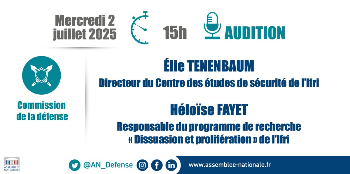 AN_Defense's tweet image. 🎥 Demain, à partir de 15h, la @AN_Defense auditionne @ElieTenenbaum et @HFayet sur les premiers enseignements stratégiques de la crise iranienne.
🎥 À suivre en #DirectAN 👉 assnat.fr/APN8Dy.
#Iran #Israel
