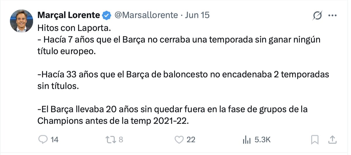 Marçal: les seccions no són tan exitoses com abans perquè, per a complir el fairplay del futbol, s'han de retallar salaris a totes les seccions. I per què no hi ha fairplay? Doncs perquè Bartomeu dilapidava diners entre d'altres coses, comprant periodistes com tu! #CaraDura