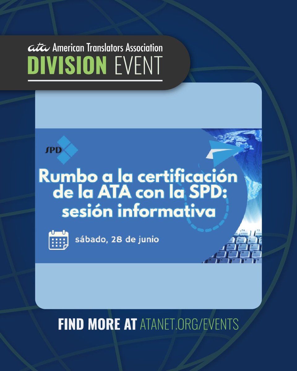 Thinking about taking the ATA certification exam? 🧐 Join this exclusive session, hosted by ATA’s Spanish Language Division, designed to inform, encourage, and connect members interested in becoming ATA certified: atanet.org/event/heading-…

#ATACertified #Certified #Translator #xl8