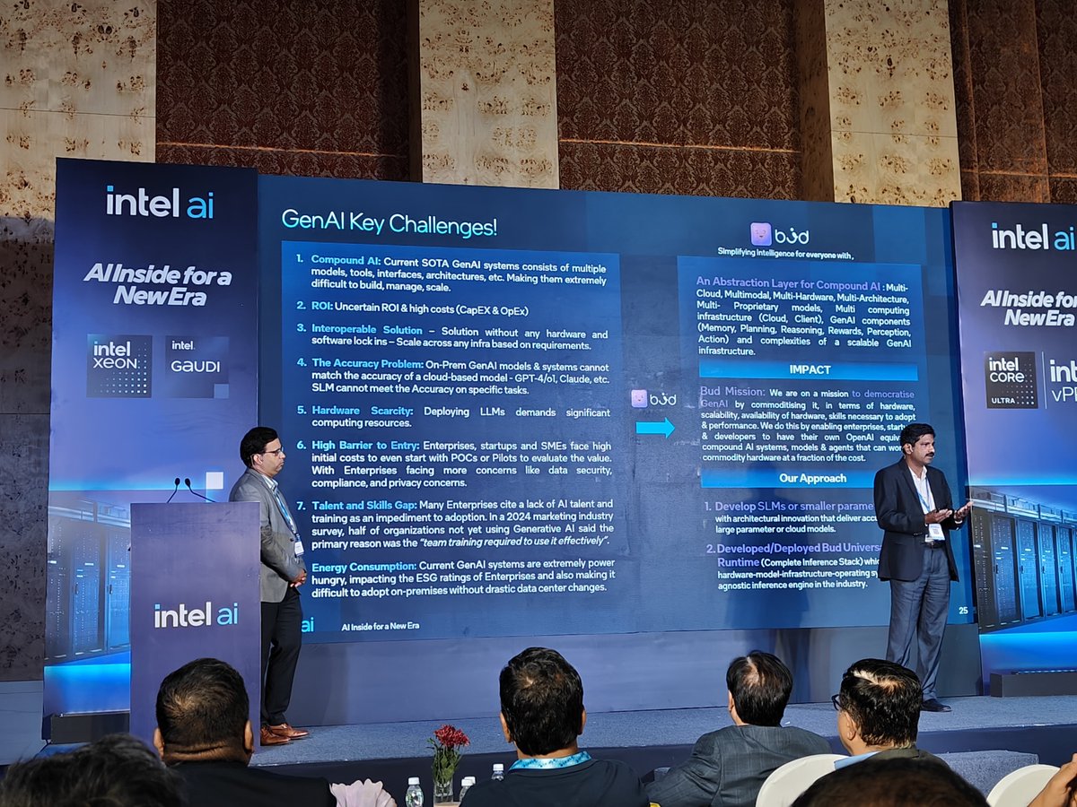 BudEcosystem's tweet image. It was our privilege to collaborate with Intel in presenting to representatives from government agencies and enterprises, sharing practical strategies for adopting AI that are cost-effective, high-performing, and scalable.
@IntelIndia
#IntelAI #BudEcosystem