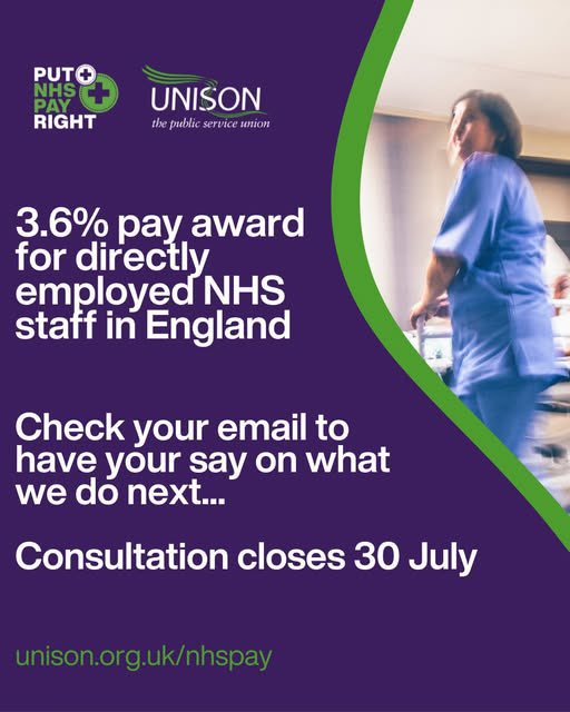 𝗩𝗼𝘁𝗲 𝗻𝗼𝘄!🗳️
Online consultation on NHS pay is open. Check your emails for the voting link. Not a UNISON member? 
Join now and get a vote 👉 join.unison.org.uk