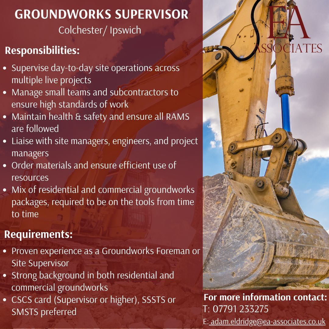 Job Role! 📄 

We’re seeking an experienced Groundworks Supervisor to oversee a variety of residential and commercial groundworks packages across the Colchester and Ipswich areas. 

If you are interested contact 07791 233275 or adam.eldridge@ea-associates.co.uk