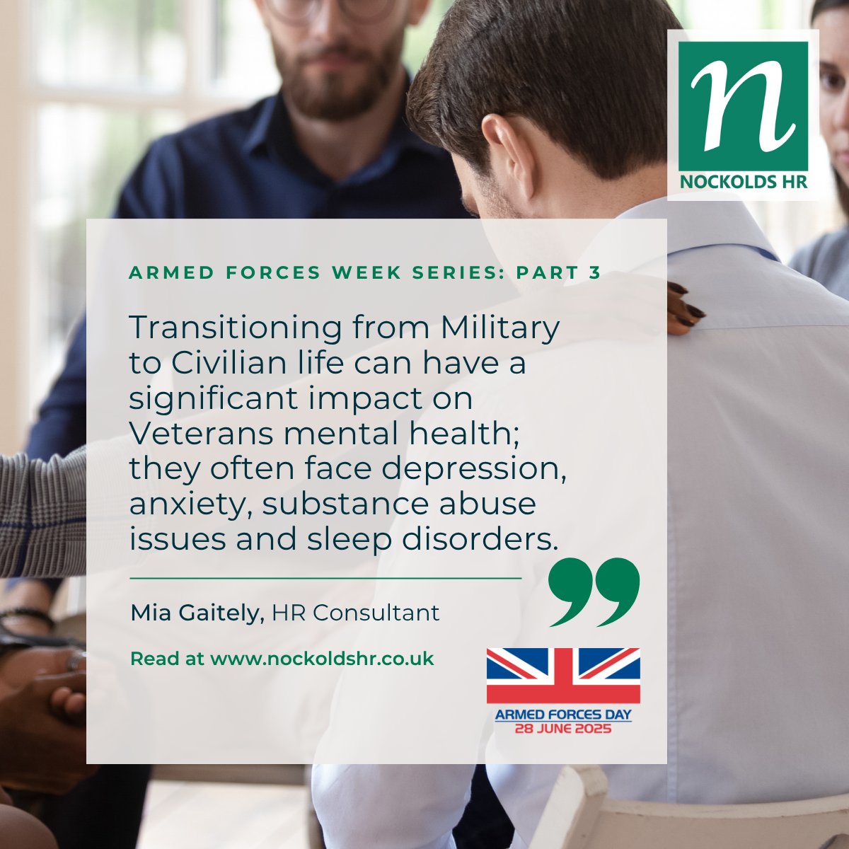 In part 4 of our Armed Forces Week blog series, Mia Gaitely discusses 'Prioritising Mental Health for Veterans and Families'.  Supporting veterans' mental health at work is crucial. 

Learn how employers can make a real difference here: nockolds.co.uk/prioritising-m…
