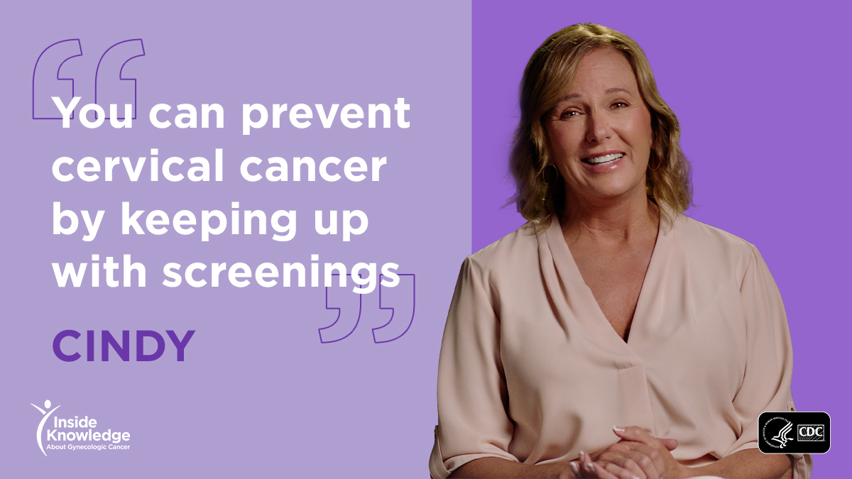CDC_Cancer's tweet image. Cindy’s routine #CervicalCancer screenings found precancerous cells that were removed before they could turn into #cancer. Take time to schedule your next Pap and/or HPV test to prevent cervical cancer. bit.ly/4bug59D
