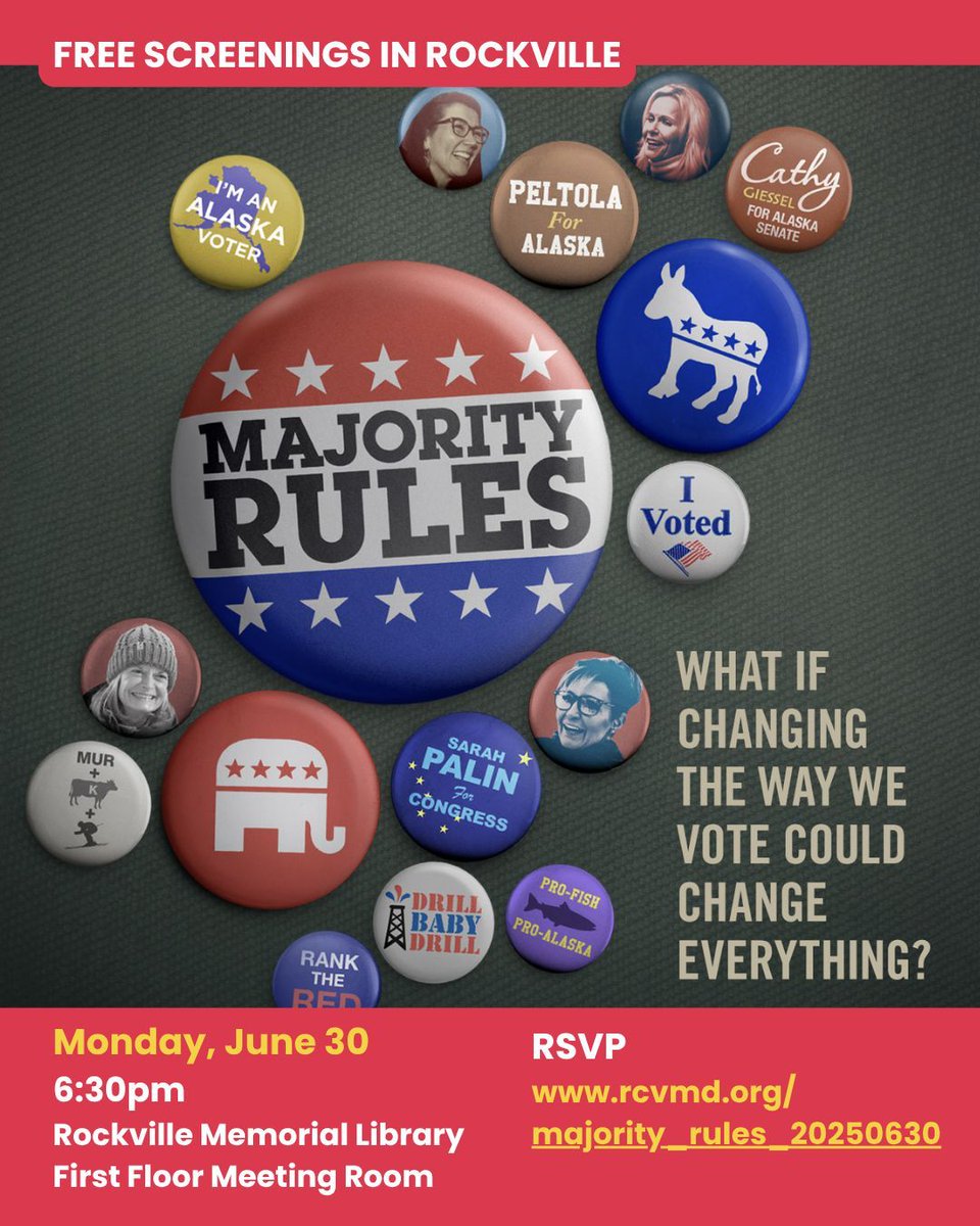 rcvformaryland's tweet image. FREE SCREENING of #MajorityRules at 6:30pm on June 30 at the Rockville Memorial Library!
#RankedChoiceVoting may be coming to more MD cities sooner than you think... Light refreshments will be provided.
RSVP rcvmd.org/majority_rules…