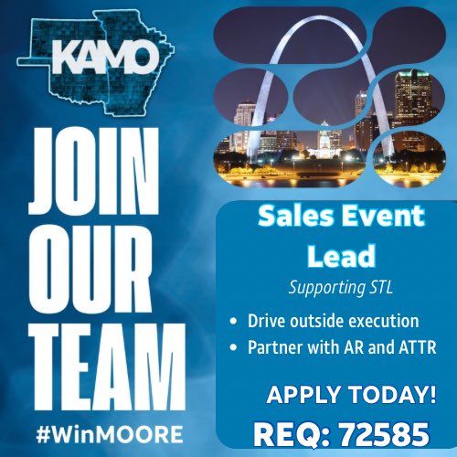 KAMO Kareer Opportunity hot off the press! 📣

The KAMO Events team is looking for their next impactful sales event lead in the St. Louis area. 

If you’re someone who is looking for their next career move &amp; can drive outside execution - apply today!