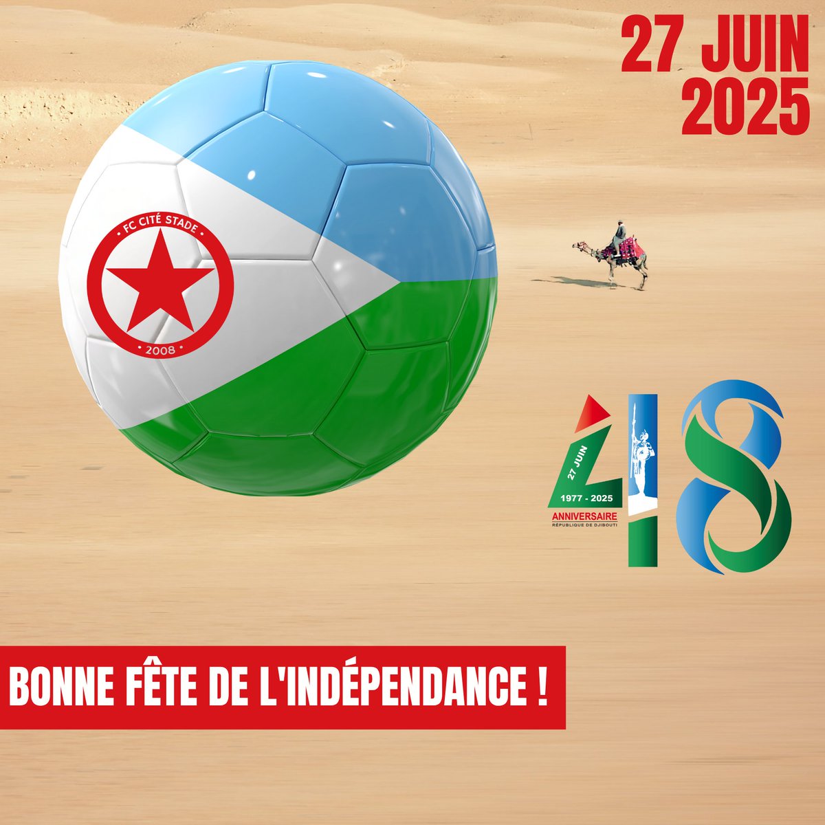 🇩🇯 Bonne fête de l’indépendance à tous les supporteurs du FC Cité Stade !
48 ans de fierté, d’unité et de passion — sur le terrain comme pour notre pays 💚⚽🔥
#27Juin #Djibouti #FiertéNationale #CitéStade