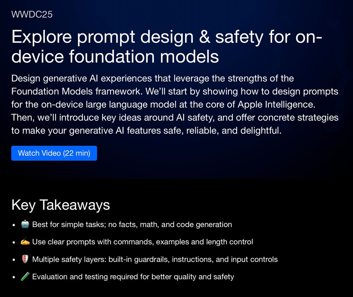 WWDCNotes's tweet image. New session summary provided by Tarlan Ismayilsoy for #WWDC25 talk "Explore prompt design & safety for on-device foundation models". ✍️
Check it out now: 👇👇💡
wwdcnotes.com/documentation/…