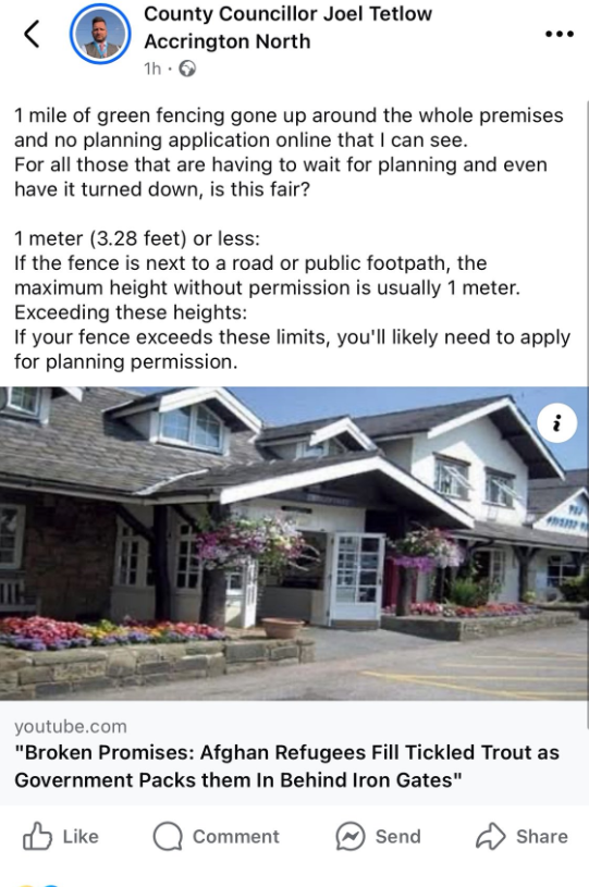 Reform UK's Councillor Joel Tetlow, Accrington North, Accrington is at it again sharing dangerous misinformation.

<a href="/LancashireCC/">Lancashire County Council</a> must take action on this one, he's bringing the council in to disrepute. Here he shares a video about a local hotel that’s been temporarily closed to