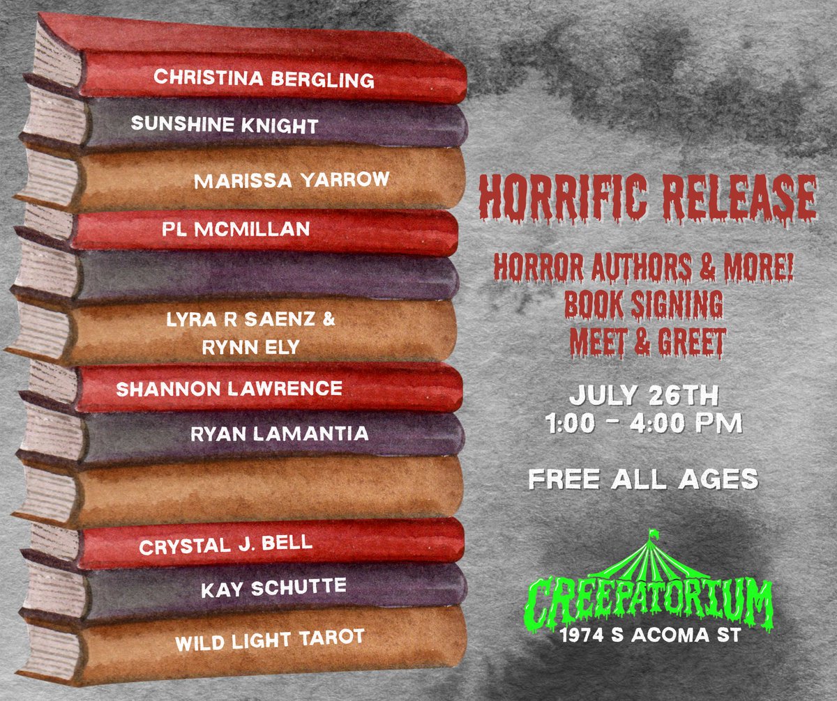 For anyone in Denver, I'll be at a horror author signing at The Creepatorium (next to Horrid and Scream &amp; Sugar. Come say hi!