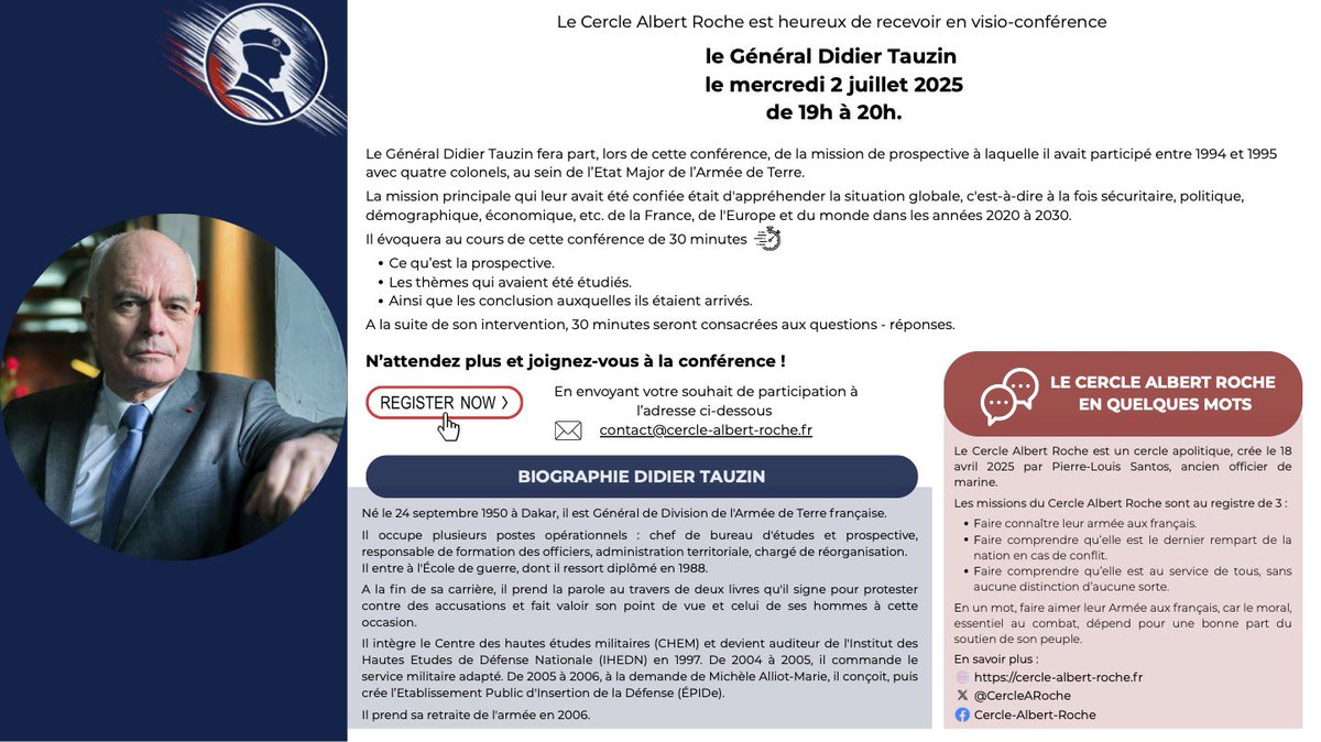 Nous vous invitons à la conférence du <a href="/DidierTauzin/">Didier Tauzin</a> en visio le 2/07 à 19 h
#défense #armée #militaires